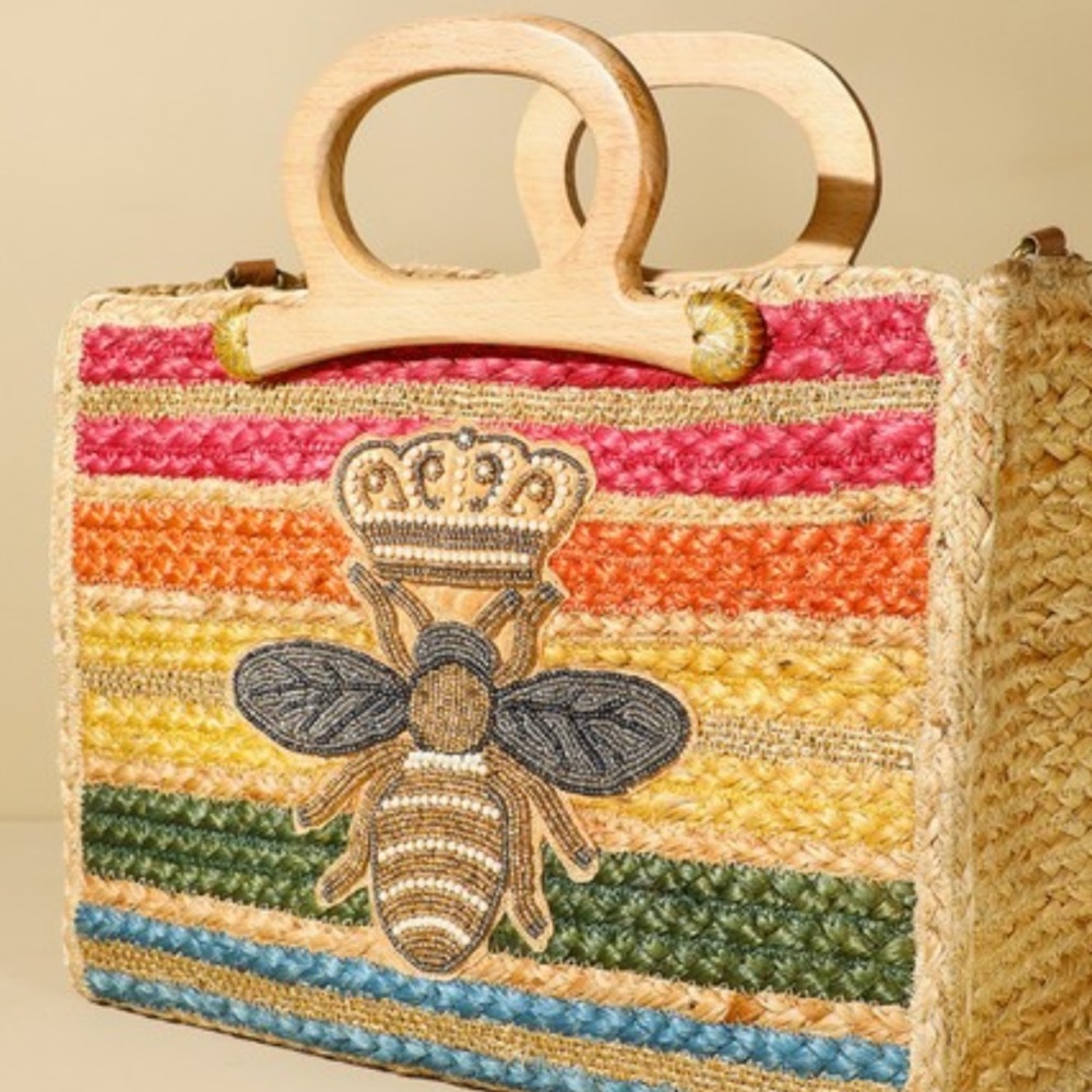 Colorful Straw Handbag with Bee Embroidery